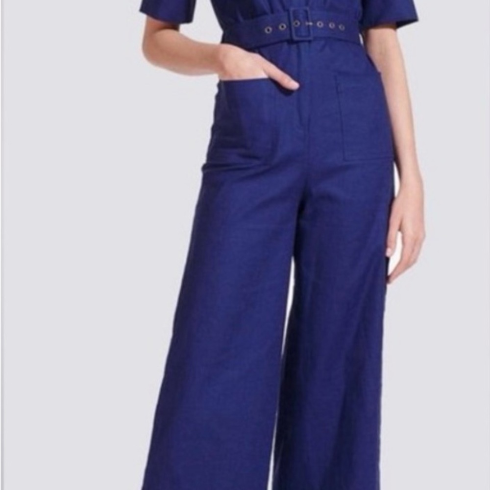 STAUD Navy Wide-Leg Belted Jumpsuit